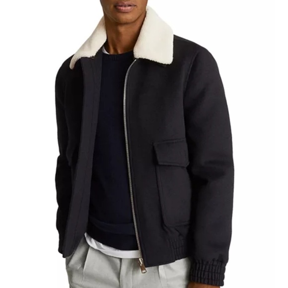 Reiss Mens Rivet Full zip wool navy bomber jacket L - Picture 1 of 9